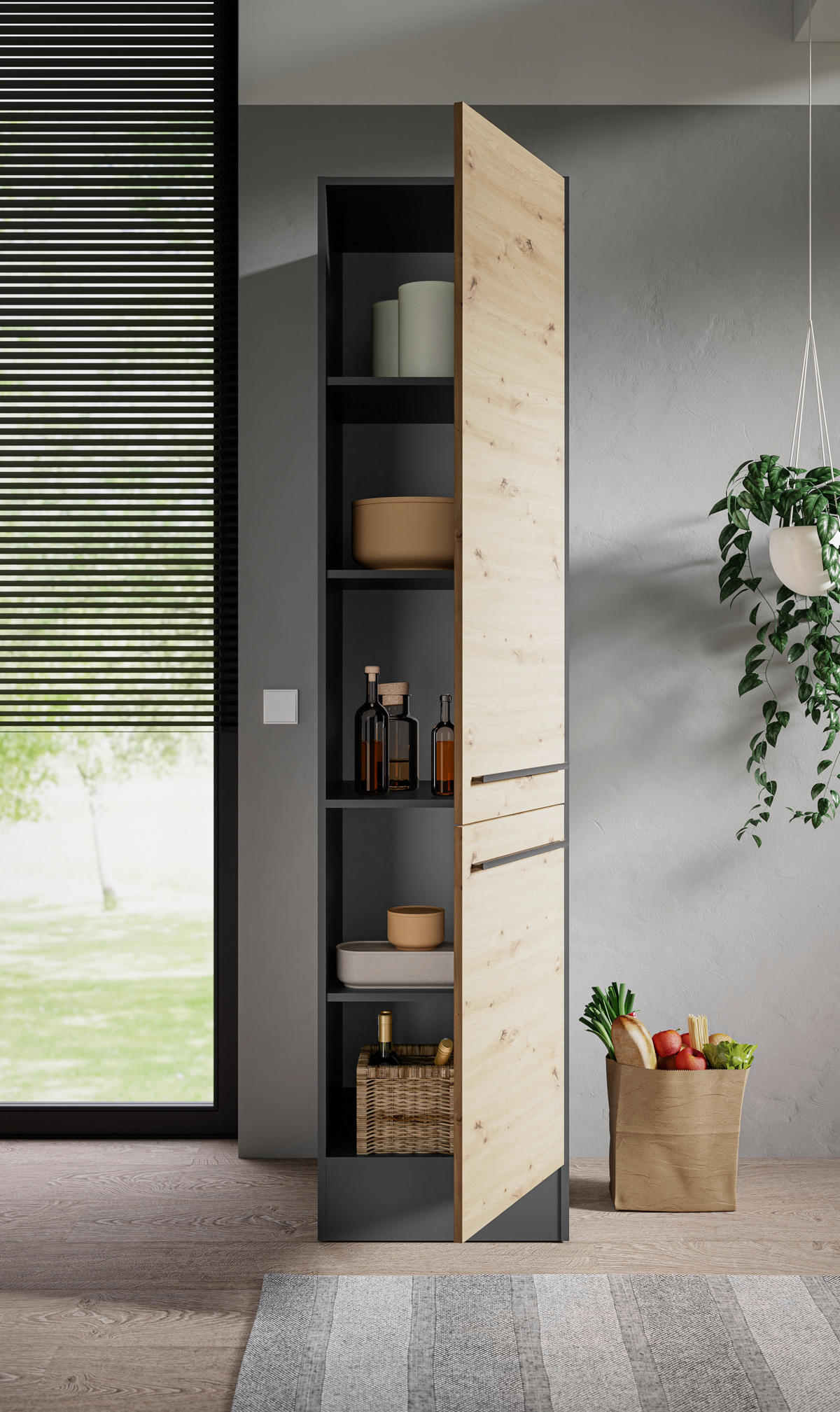 APOTHEKERSCHRANK 50/211/57 cm  in Anthrazit, Eiche Artisan  - Anthrazit/Schwarz, Design, Holzwerkstoff/Kunststoff (50/211/57cm) - MID.YOU