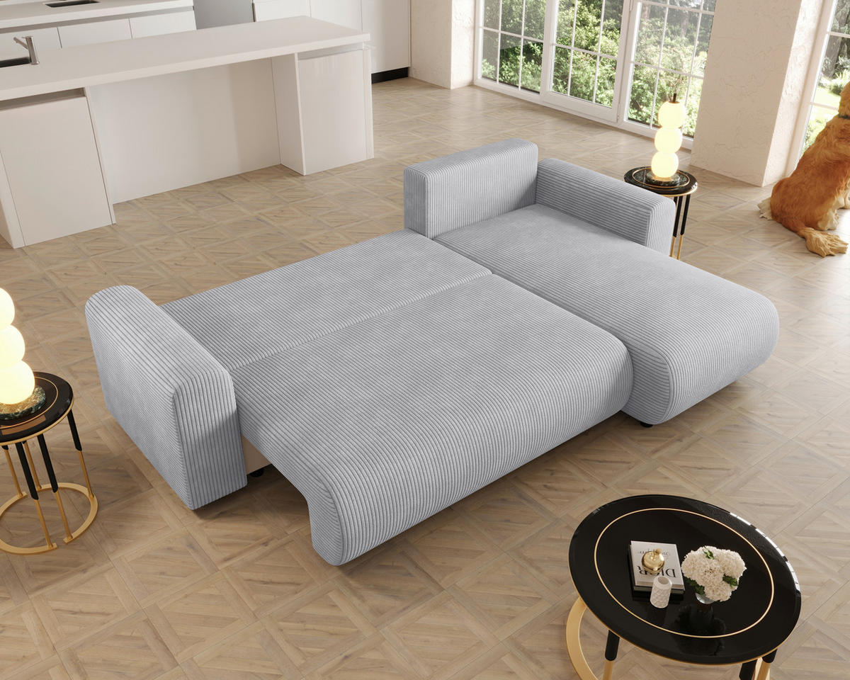 ECKSOFA Hellgrau Cord Zierkissen, Rückenkissen, Schlaffunktion, Rücken echt, Stauraum, Liegefläche im Originalstoff  - Hellgrau/Schwarz, KONVENTIONELL, Kunststoff/Textil (246/152cm) - Xora