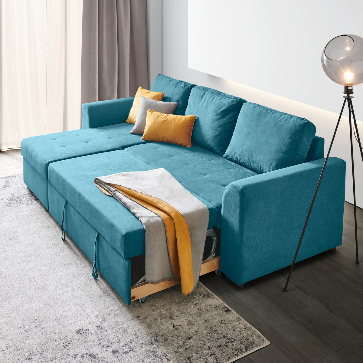ECKSOFA in Webstoff Petrol  - Petrol/Schwarz, Design, Kunststoff/Textil (155/243cm) - Xora