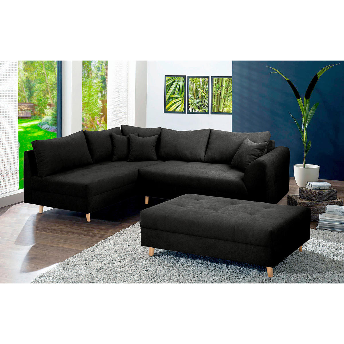 ECKSOFA inkl. Hocker Ariella Schwarz Mikrofaser Rückenkissen, Hocker  - Schwarz/Naturfarben, Design, Holz/Textil (161/231cm) - Livetastic