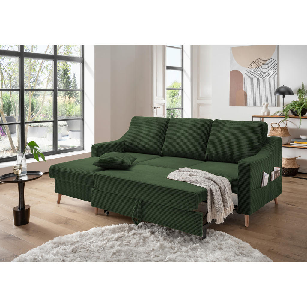 Thumbnail - P & B Ecksofa, Dunkelgrün, Textil, Buche, Uni, 4-Sitzer, Füllung: Schaumstoff, L-Form, 228x150 cm, Made in EU, Typenausw...