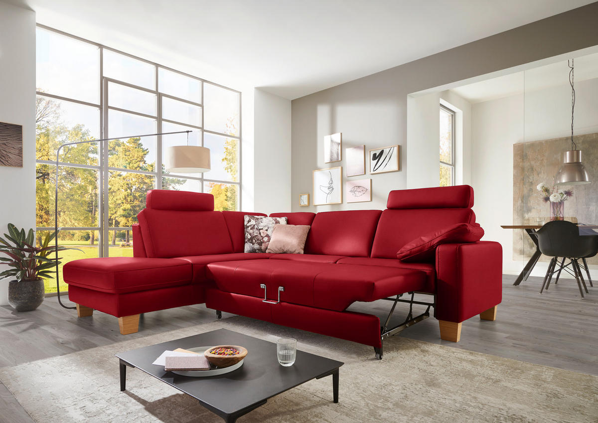 ECKSOFA in Echtleder Rot  - Eiche Bianco/Rot, Konventionell, Leder/Holz (235/257cm) - Valdera