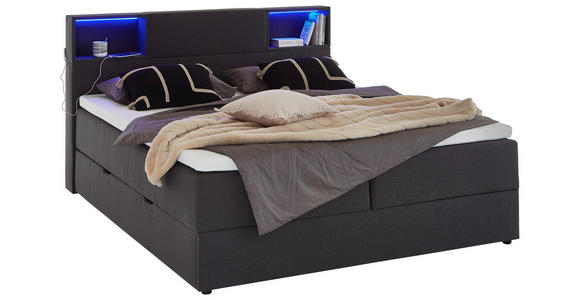 BOXSPRINGBETT 160/200 cm,  in Anthrazit, Matratze, Beleuchtung, Bettkasten, Topper, H3 = fest  - Anthrazit/Schwarz, Design, Holz/Textil (160/200cm) - Xora