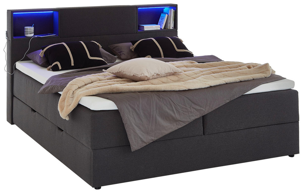 BOXSPRINGBETT 180/200 cm,  in Anthrazit, Matratze, Beleuchtung, Bettkasten, Topper, H3 = fest  - Anthrazit/Schwarz, Design, Holz/Textil (180/200cm) - Xora