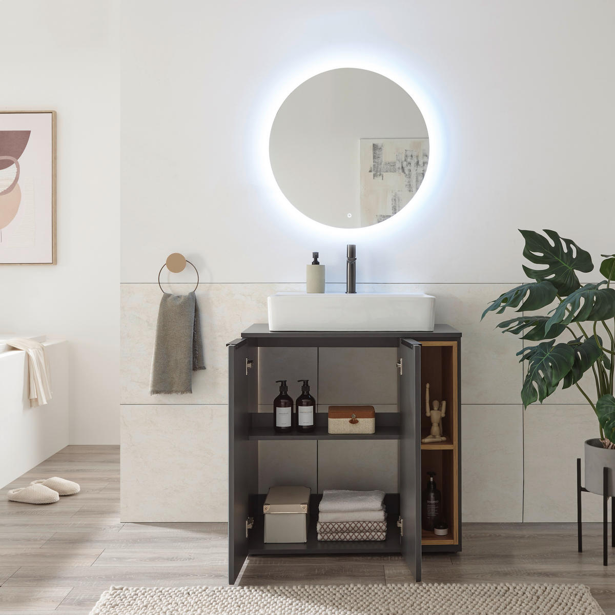 MOSDÓ ALATTI SZEKRÉNY 80/81,5/47 cm  - tölgyfa színű/fekete, Design, műanyag/faalapú anyag (80/81,5/47cm) - home24