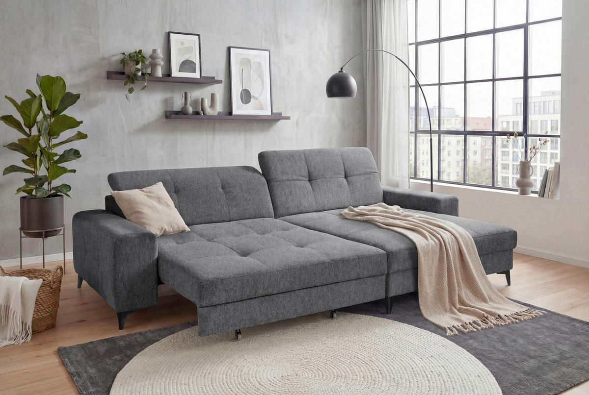 ECKSOFA Mikrovelours Anthrazit  - Anthrazit/Schwarz, Design, Kunststoff/Textil (328/182cm) - MID.YOU