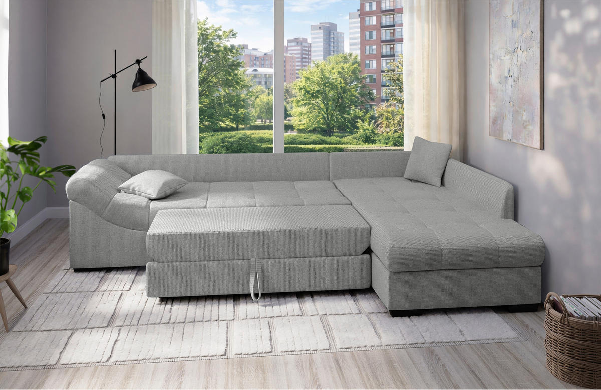 ECKSCHLAFSOFA Alvito in Chenille Silberfarben  - Silberfarben/Schwarz, MODERN, Holz/Textil (298/202cm) - MID.YOU