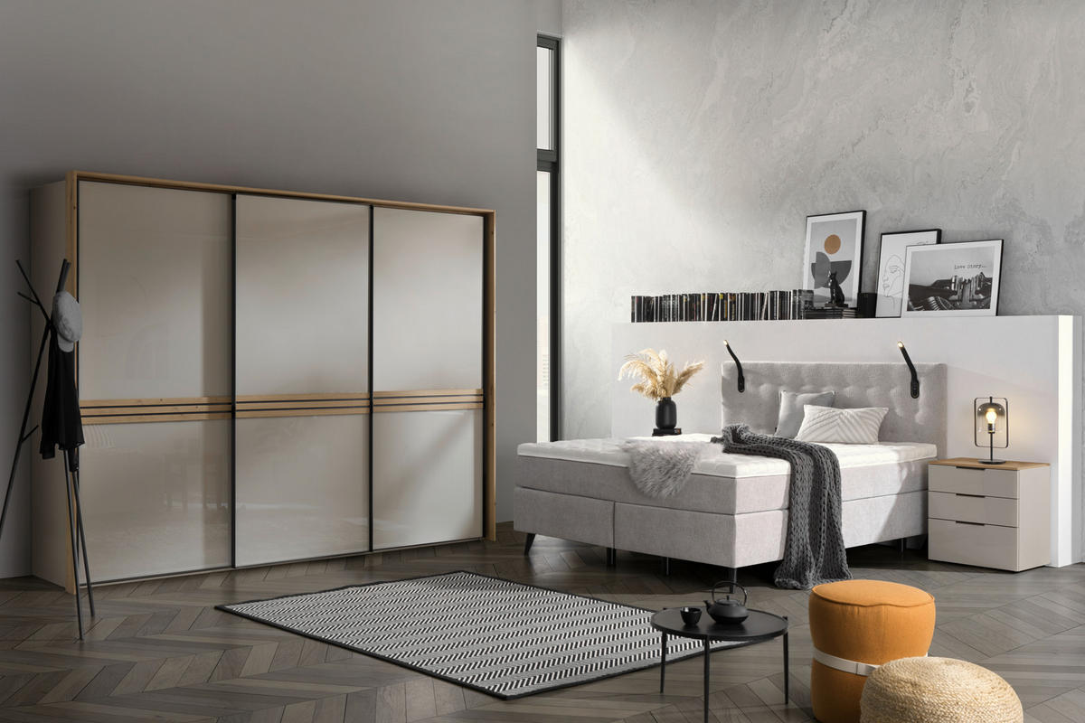 SCHWEBETÜRENSCHRANK in Eiche Artisan, Sandfarben  - Sandfarben/Graphitfarben, Design, Glas/Holzwerkstoff (280/222/68cm) - Moderano