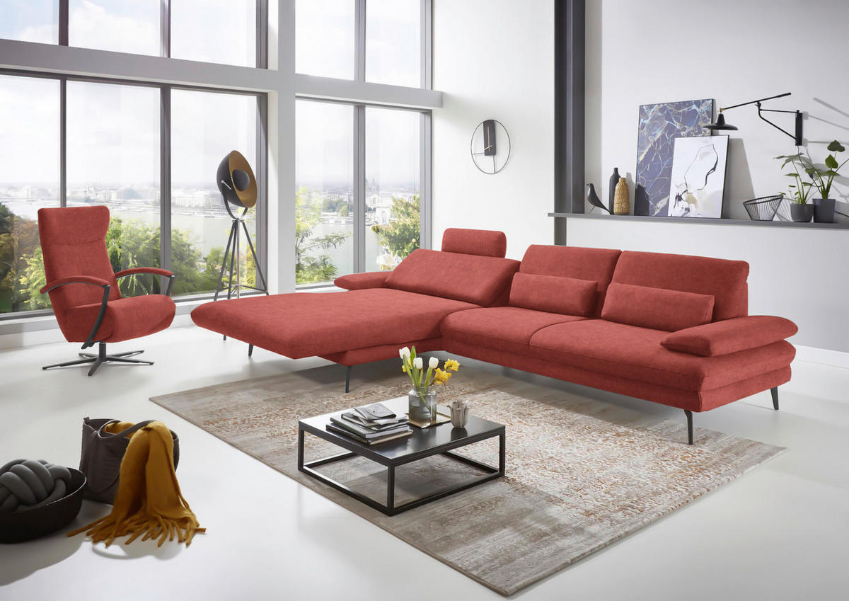 ECKSOFA in Velours Koralle  - Koralle/Schwarz, Design, Textil/Metall (180/310cm) - Dieter Knoll