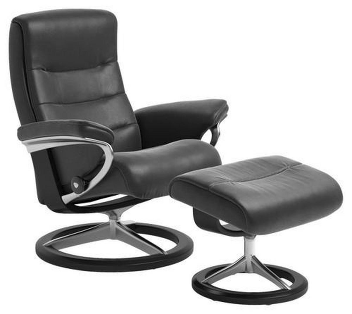 RELAXSESSELSET NORDIC Echtleder Relaxfunktion, Hocker    - Schwarz/Alufarben, Natur, Leder/Holz (84/102/76cm) - Stressless