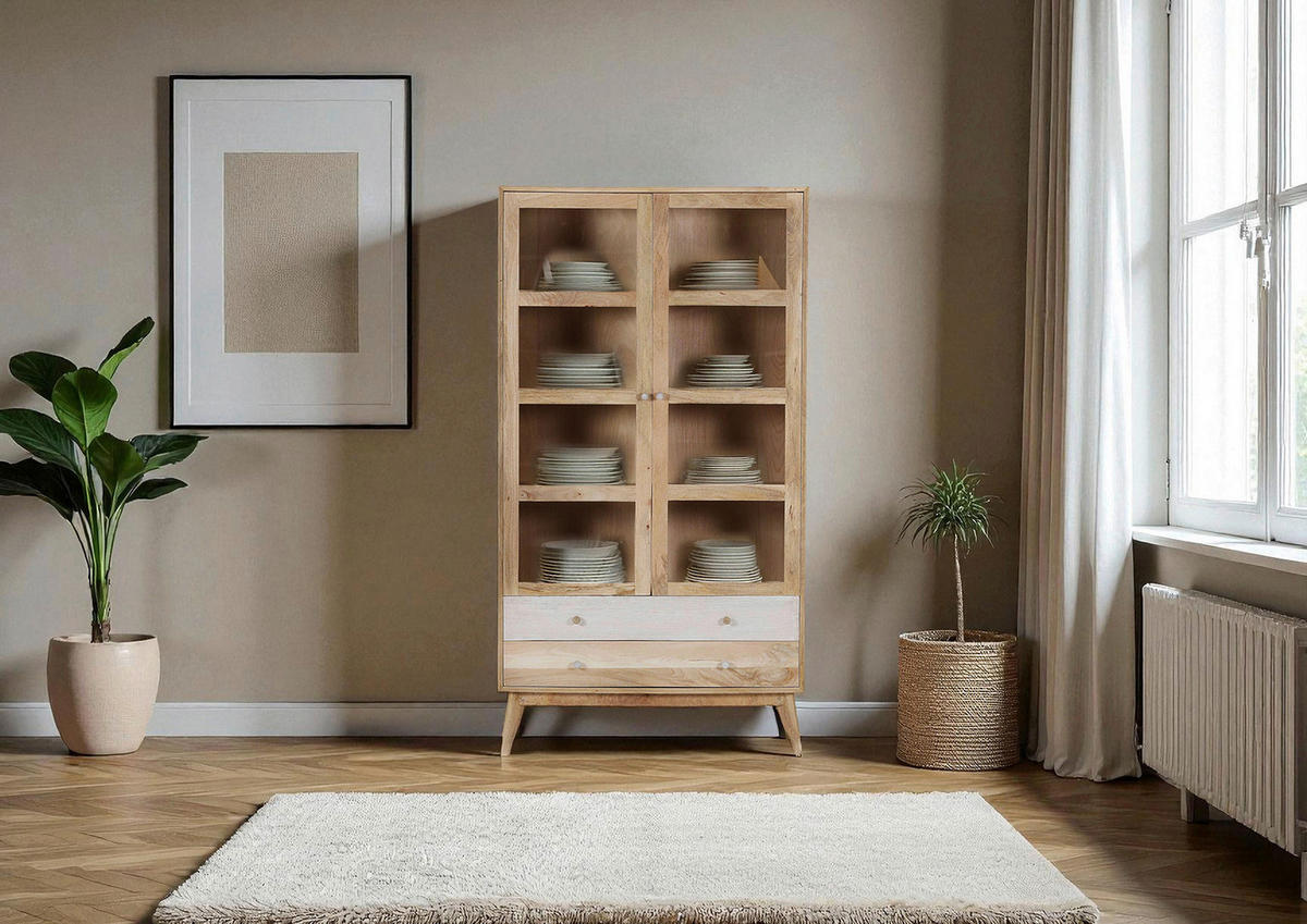 VITRINE Kata in massiv Mangoholz Naturfarben, Weiß  - Naturfarben/Weiß, Design, Glas/Holz (100/180/41cm) - Landscape