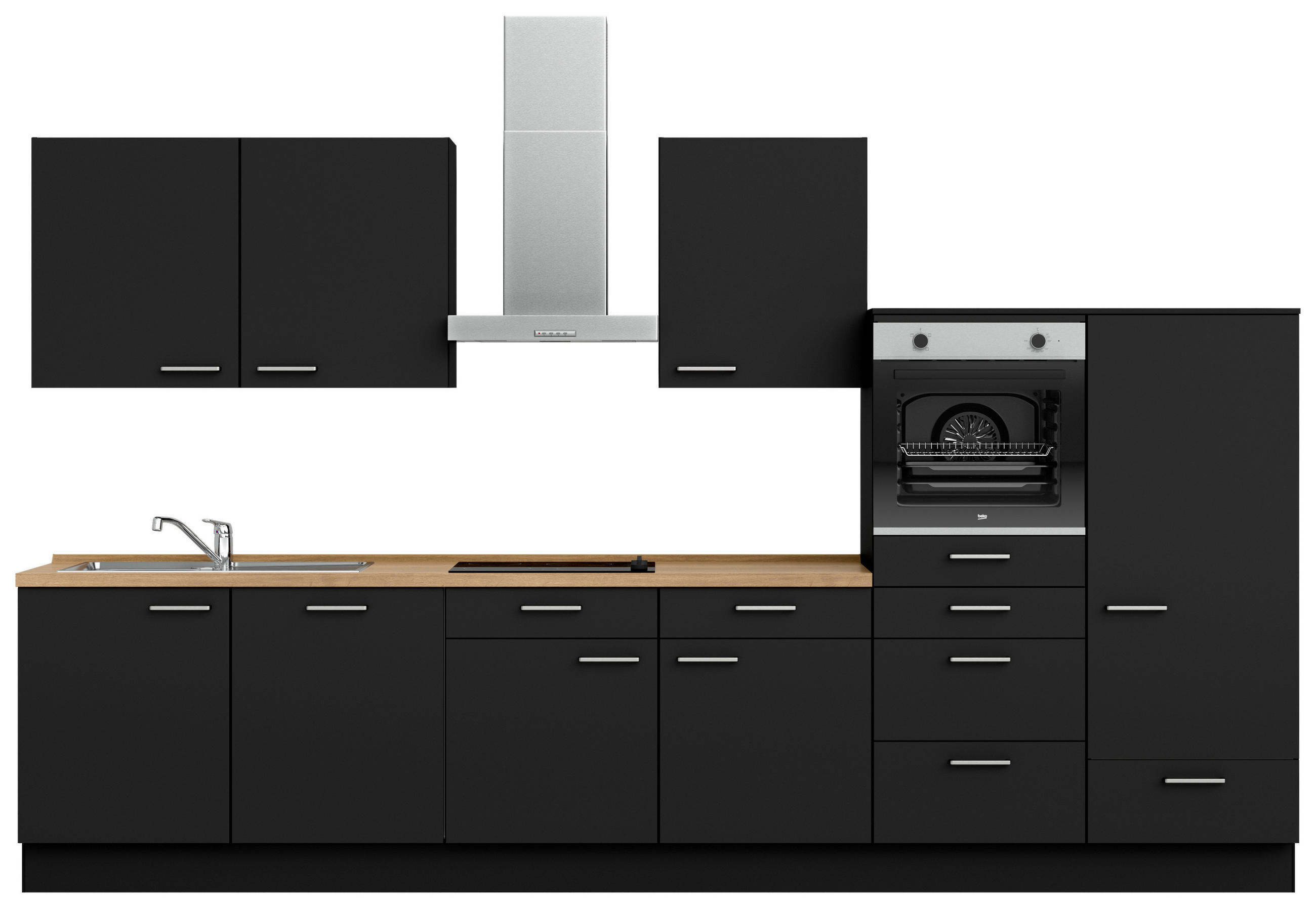 KÜCHENLEERBLOCK 360 cm   in Schwarz, Eichefarben  - Edelstahlfarben/Eichefarben, MODERN, Holzwerkstoff/Metall (360cm) - Nobilia