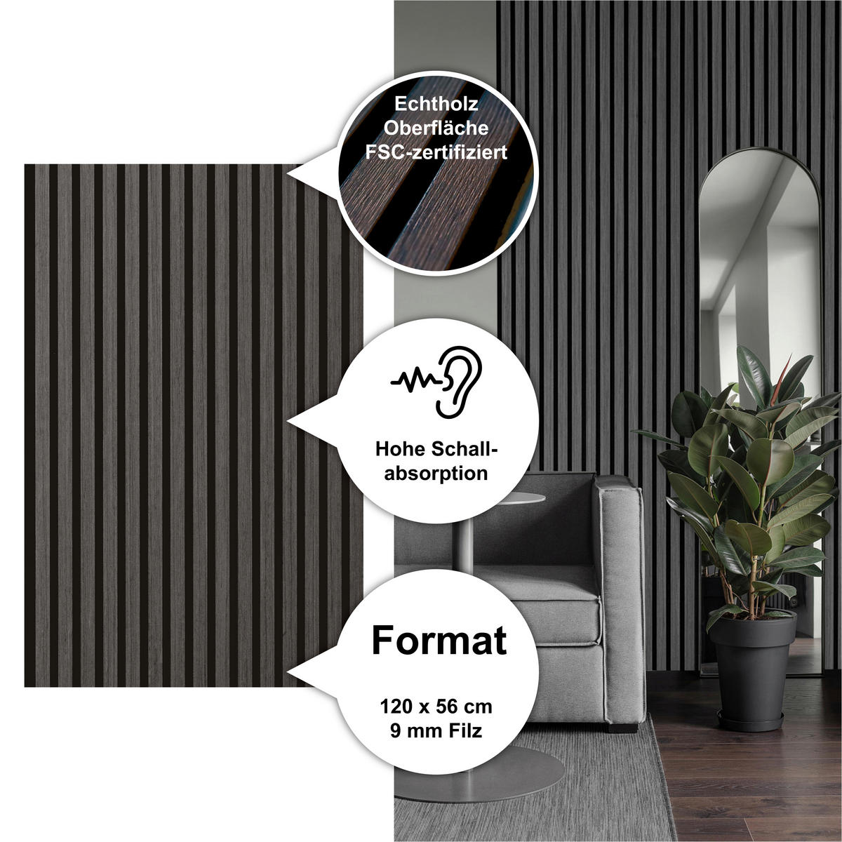 AKUSTIKPANEEL Echtholz Eiche schwarz Sonido Elements 56/120/1.8 cm  - Eichefarben/Schwarz, Basics, Holz/Holzwerkstoff (56/120/1.8cm) - Novel