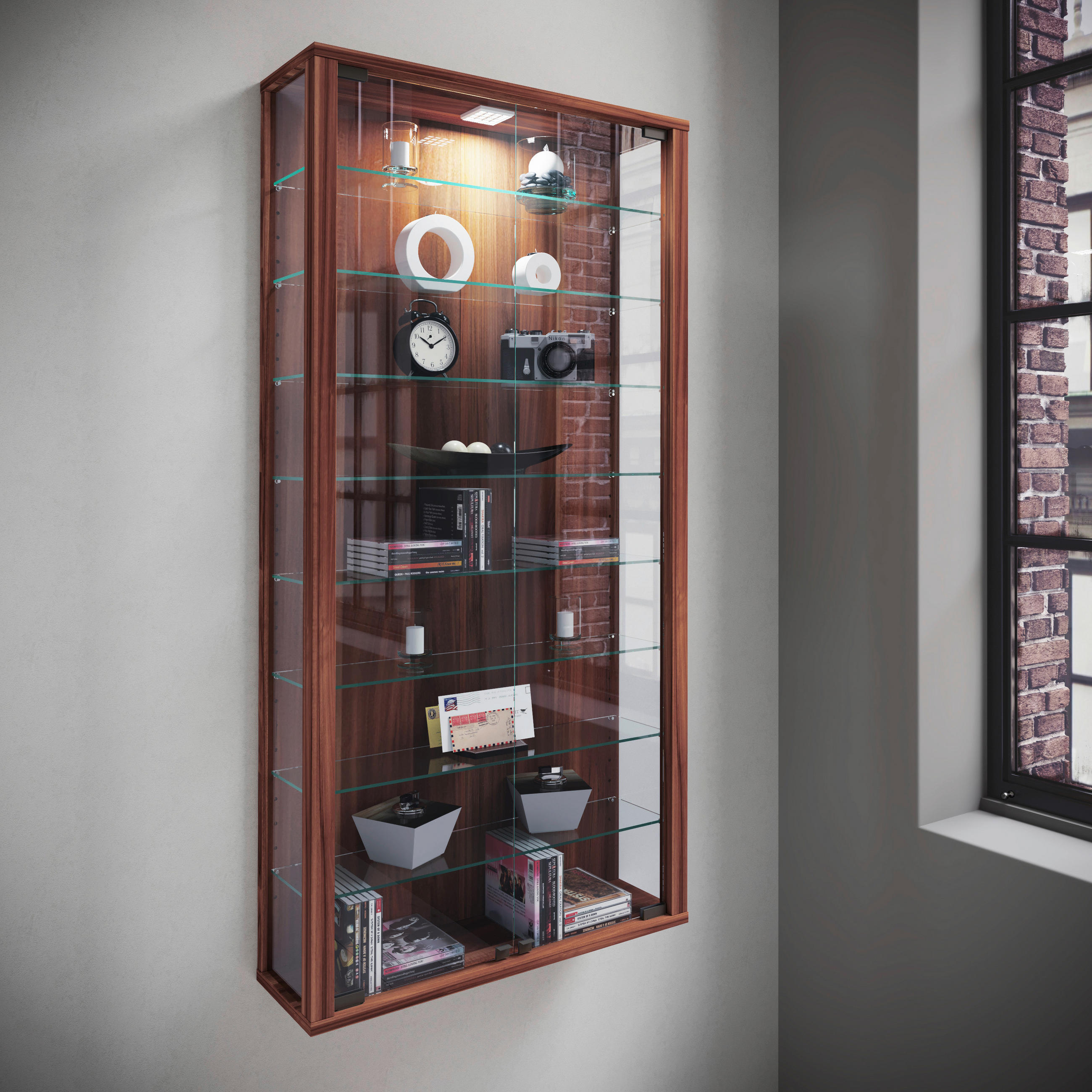 VITRINE in Nussbaumfarben - Nussbaumfarben/Schwarz, Design, Glas/Holzwerkstoff (59/114/18cm) - MID.YOU