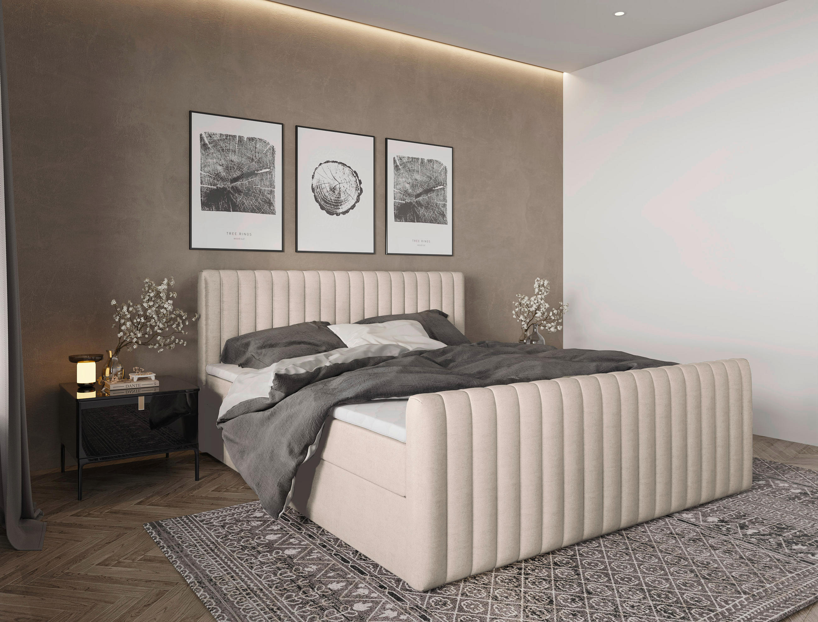 BOXBETT 180/200 cm,  in Creme, gepolstertes Kopfteil, Bettkasten, Topper, Matratzen, H3 + H3 = fest  - Creme/Schwarz, Basics, Kunststoff/Textil (180/200cm) - Chameo