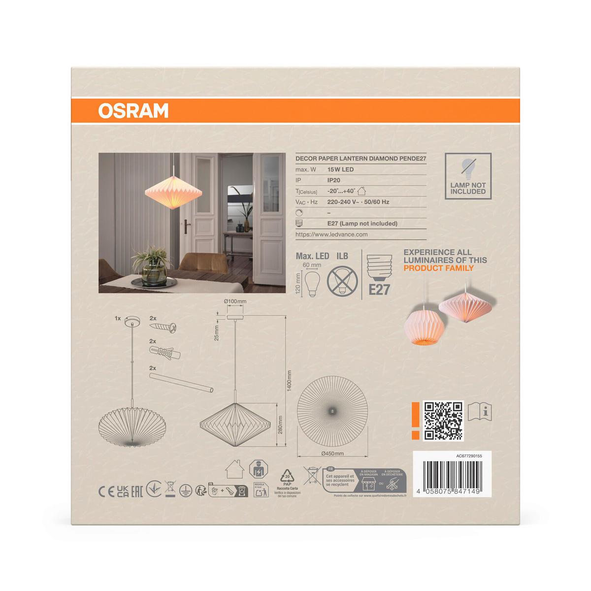 HÄNGELEUCHTE 45/140 cm  - Weiß, Basics, Papier/Metall (45/140cm) - Osram