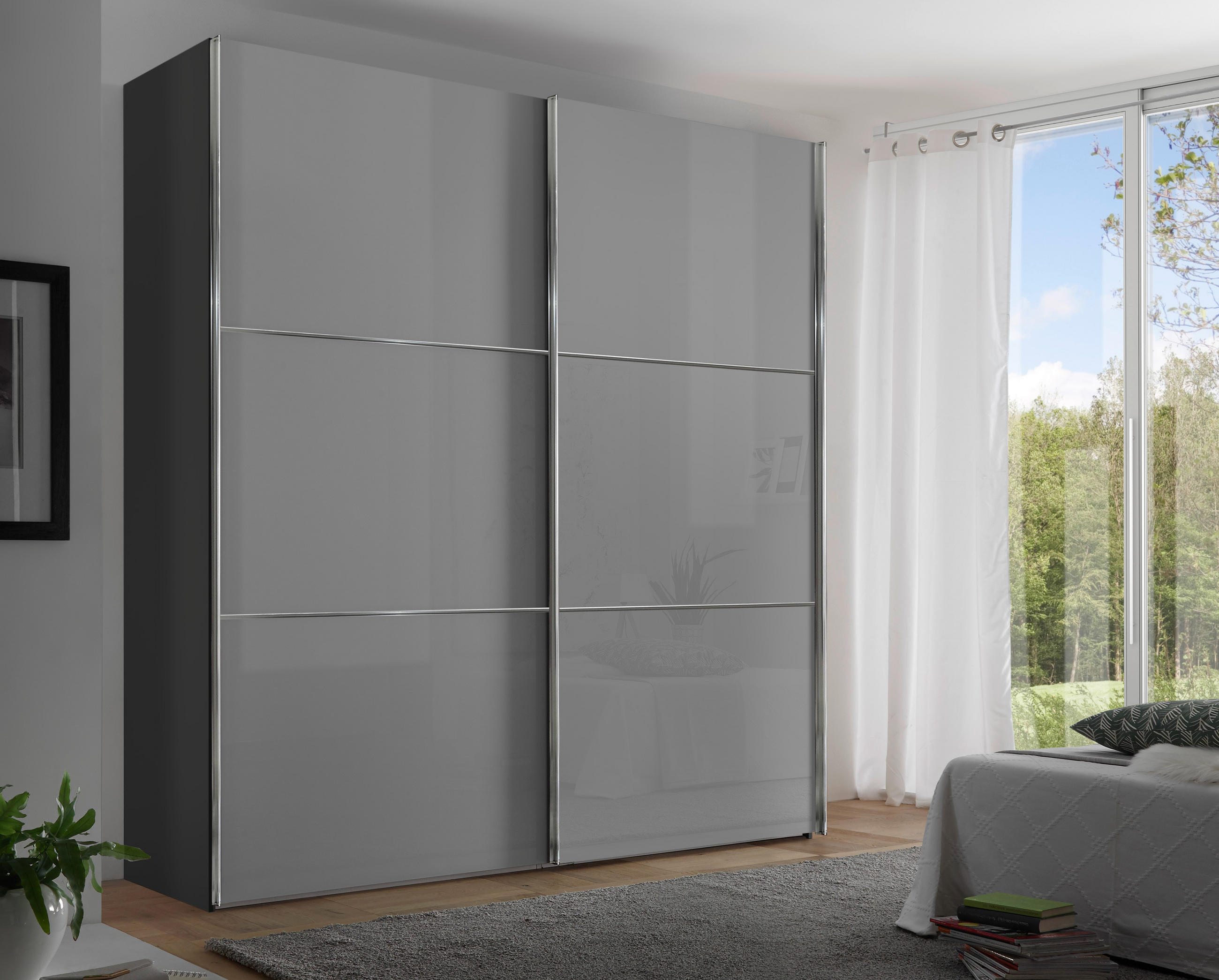 SCHWEBETÜRENSCHRANK 200/222/68 cm 2-türig Hellgrau, Dunkelgrau  - Chromfarben/Dunkelgrau, KONVENTIONELL, Glas/Holzwerkstoff (200/222/68cm) - Moderano