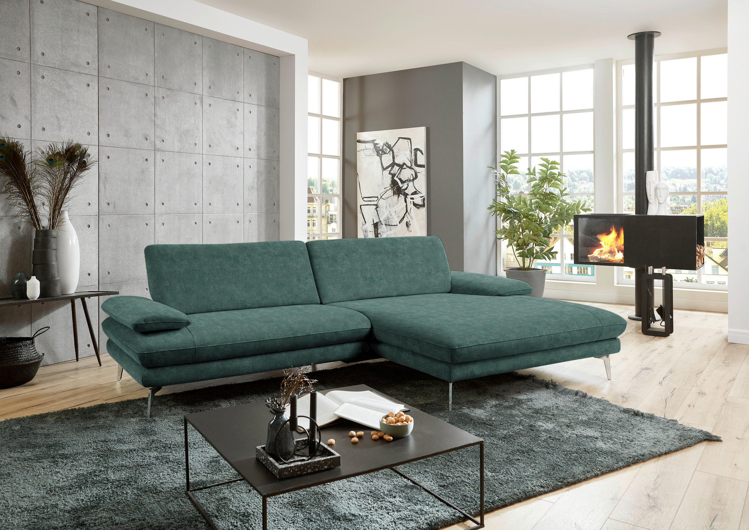 ECKSOFA in Velours Blau, Grün  - Blau/Schwarz, Design, Textil/Metall (284/184cm) - Dieter Knoll