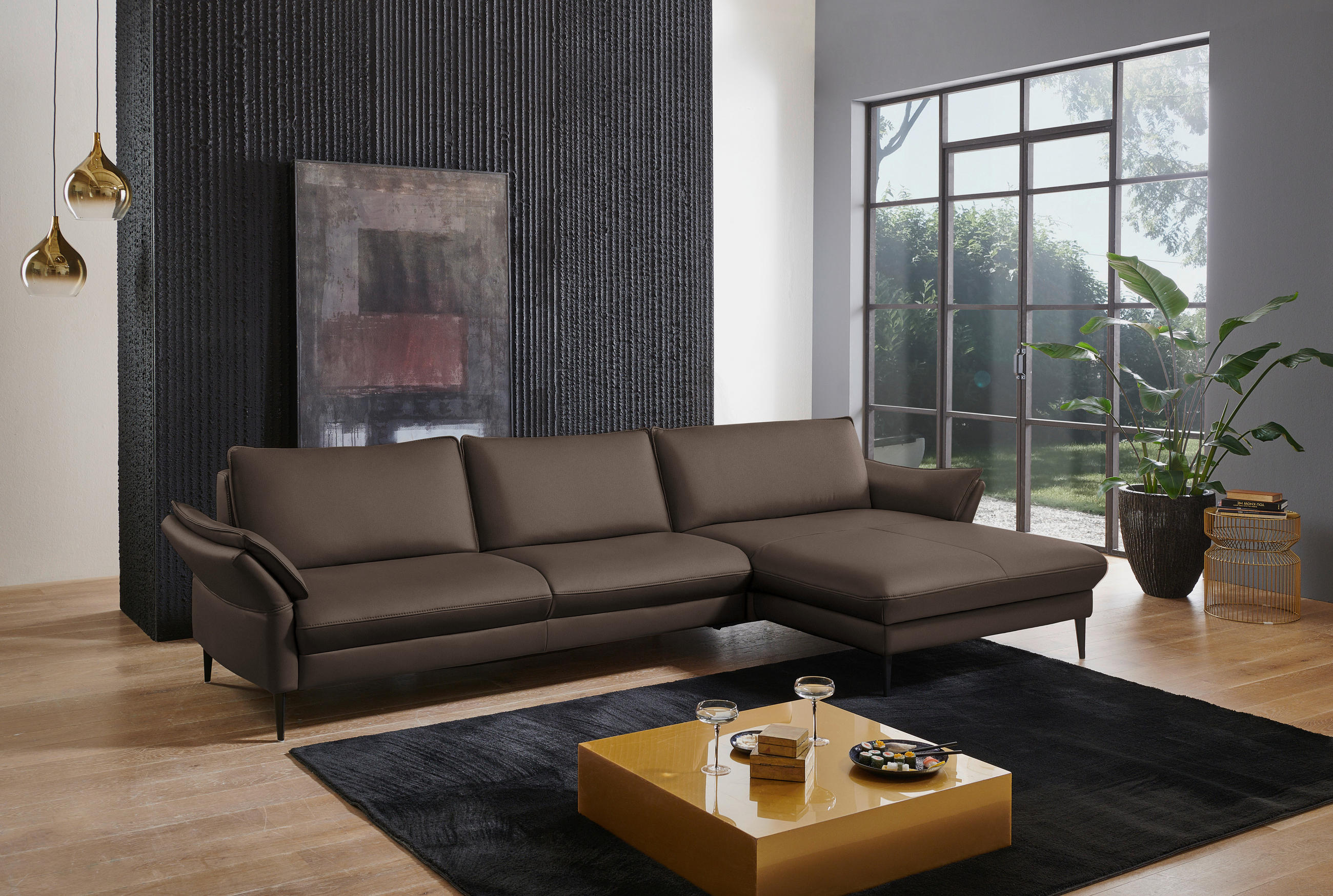 ECKSOFA in Echtleder Dunkelbraun  - Dunkelbraun/Schwarz, Design, Leder/Metall (334/172cm) - Valdera