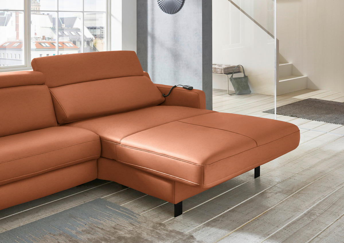 ECKSOFA in Echtleder Cognac  - Cognac/Schwarz, Design, Leder/Metall (291/176cm) - Valdera
