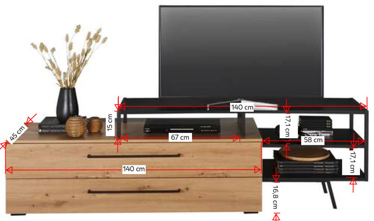 KOMODA - NISKA   200/57/45 cm   crna, boje hrasta   - boje hrasta/crna, Trend, drvni materijal/metal (200/57/45cm) - Xora