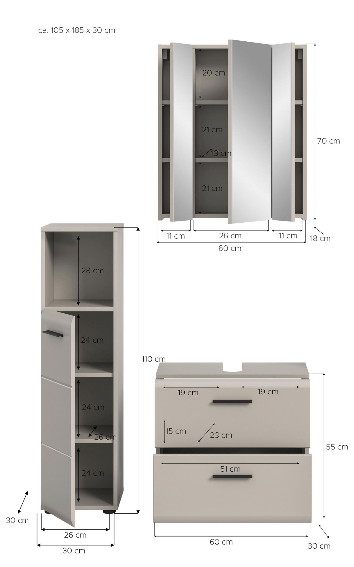 BADEZIMMER 3-teilig  in 90 cm  - Kaschmir/Schwarz, Trend, Glas/Holzwerkstoff (90cm) - MID.YOU