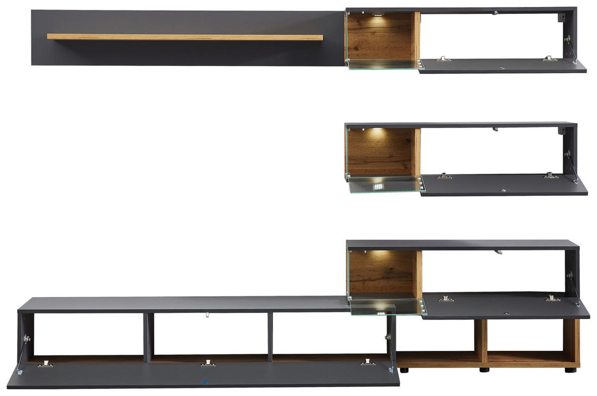 REGAL ZA DNEVNI BORAVAK antracit, boje hrasta   - boje hrasta/smeđa, Moderno, staklo/drvni materijal (240/150/40cm) - Hom`in
