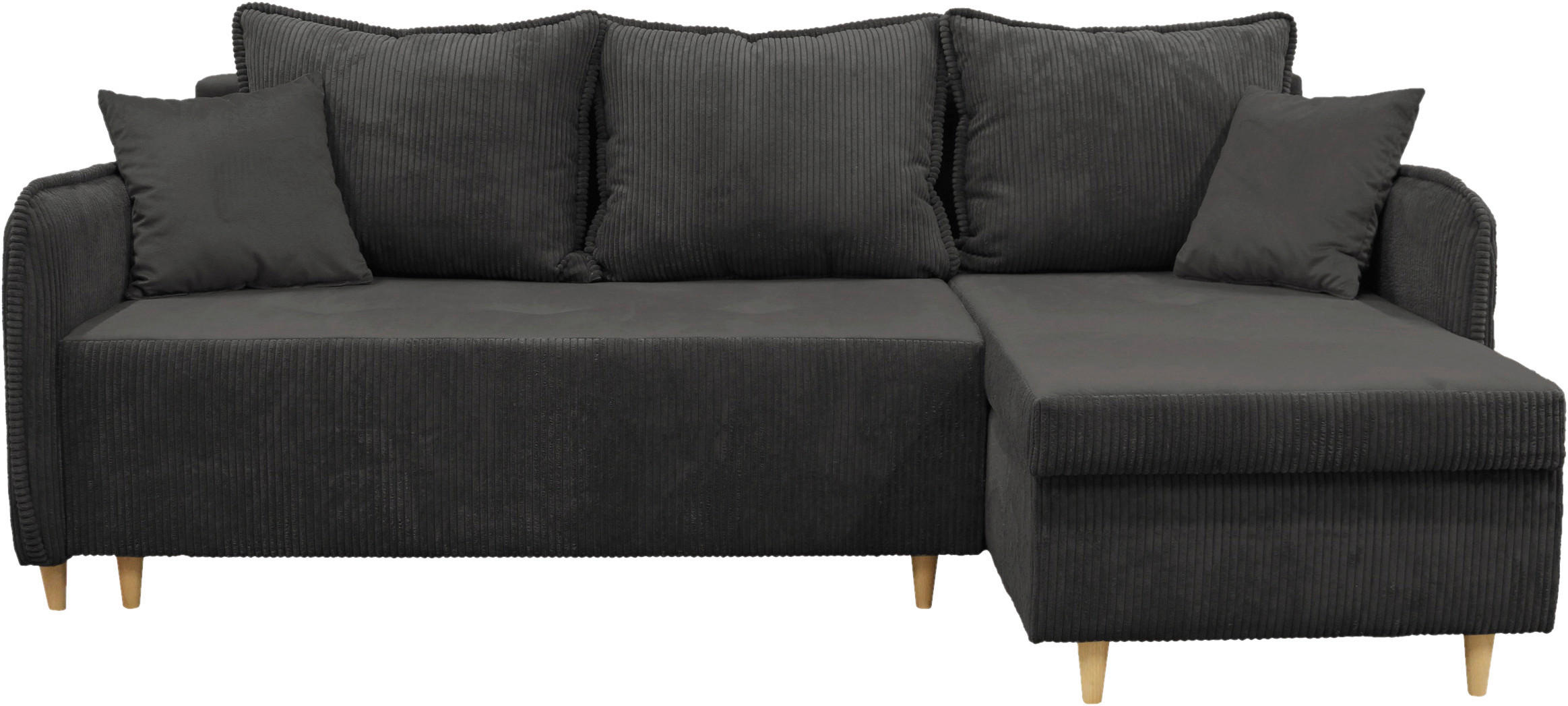 ECKSOFA TEDDY Dunkelgrau Cord, Bouclé Zierkissen, Rückenkissen, Bettkasten  - Dunkelgrau/Naturfarben, Design, Holz/Textil (215/142cm) - MID.YOU