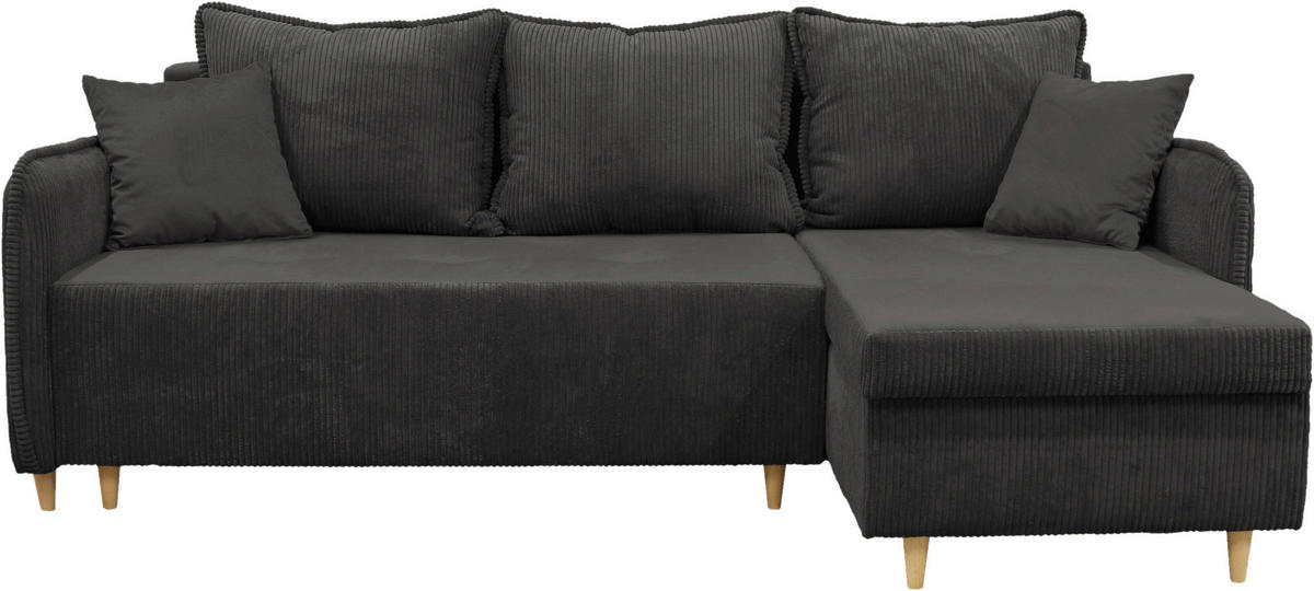 ECKSOFA TEDDY Dunkelgrau Cord, Bouclé Zierkissen, Rückenkissen, Bettkasten  - Dunkelgrau/Naturfarben, Design, Holz/Textil (215/142cm) - MID.YOU