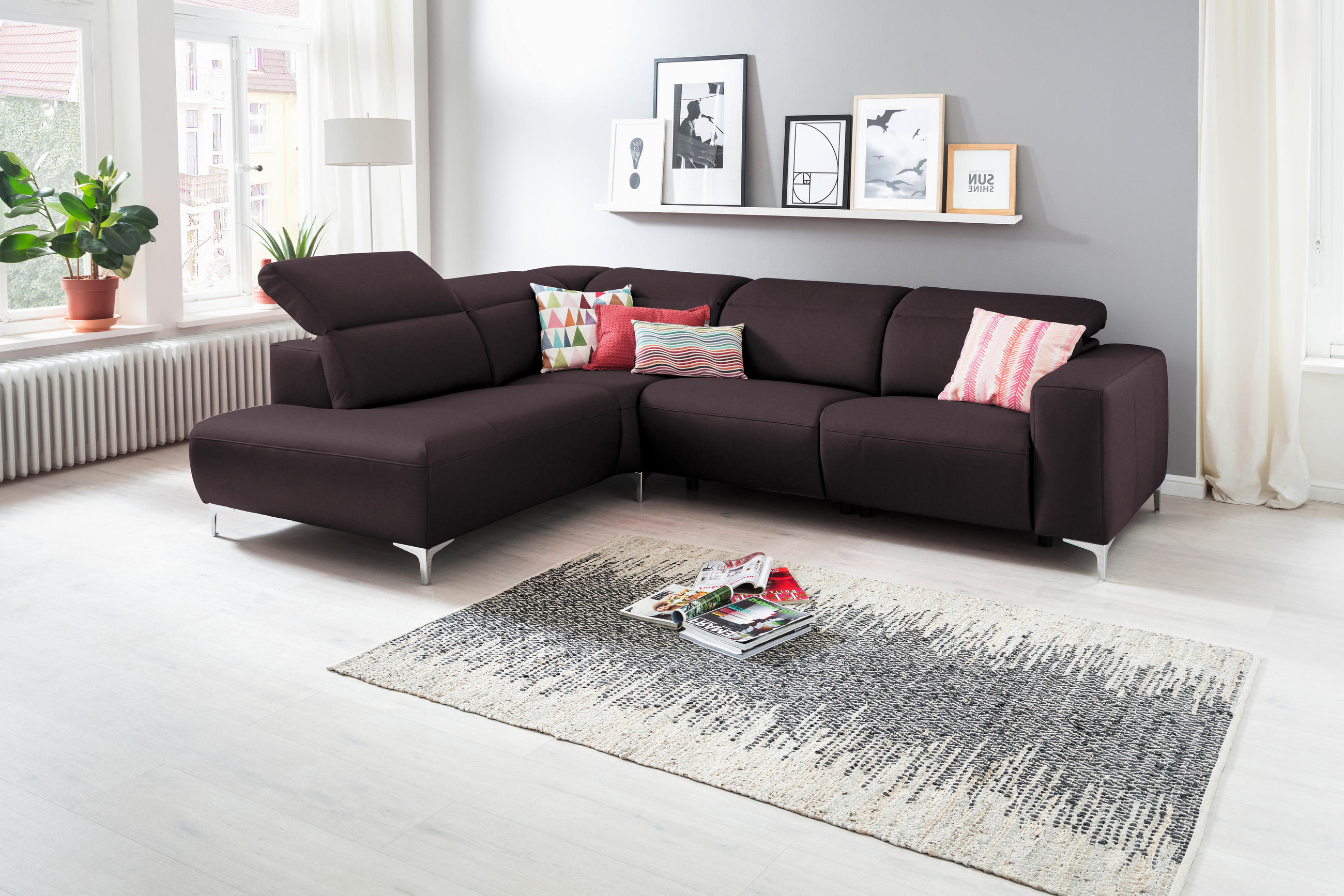 ECKSOFA Braun Echtleder  - Chromfarben/Braun, Design, Leder/Metall (223/290cm) - Pure Home Lifestyle