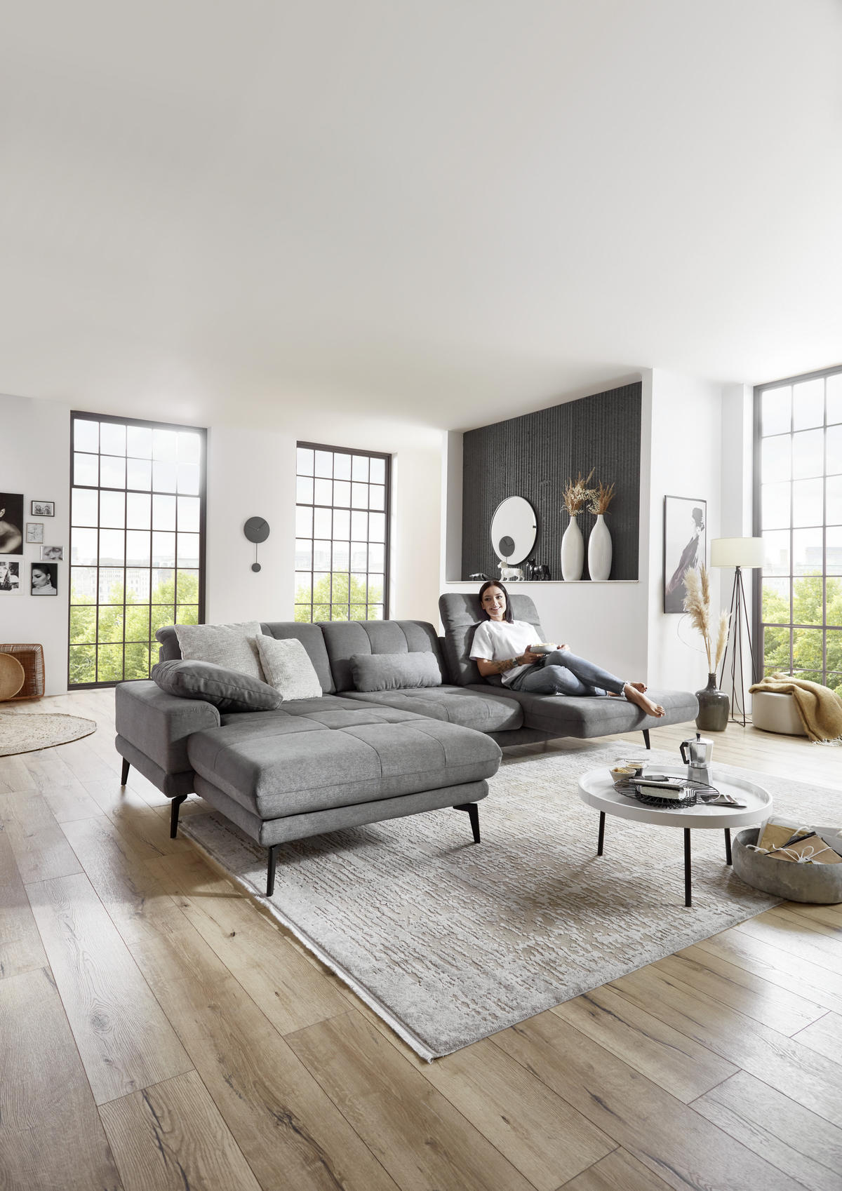 ECKSOFA in Flachgewebe Grau  - Schwarz/Grau, Design, Textil/Metall (190/309cm) - Beldomo Style
