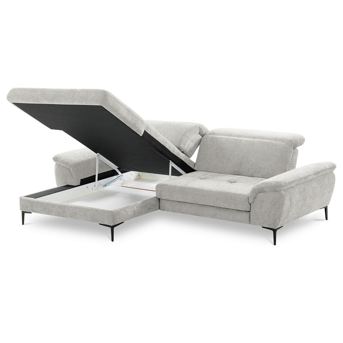 ECKSOFA PRADO Grau Webstoff Bettkasten, Kopfteilverstellung, Sitztiefenverstellung  - Schwarz/Grau, Design, Textil/Metall (195/268cm) - Livetastic