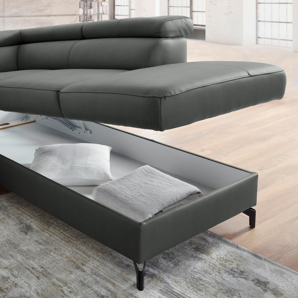 ECKSOFA in Echtleder Anthrazit  - Anthrazit/Schwarz, Design, Leder/Metall (256/220cm) - Celina Home