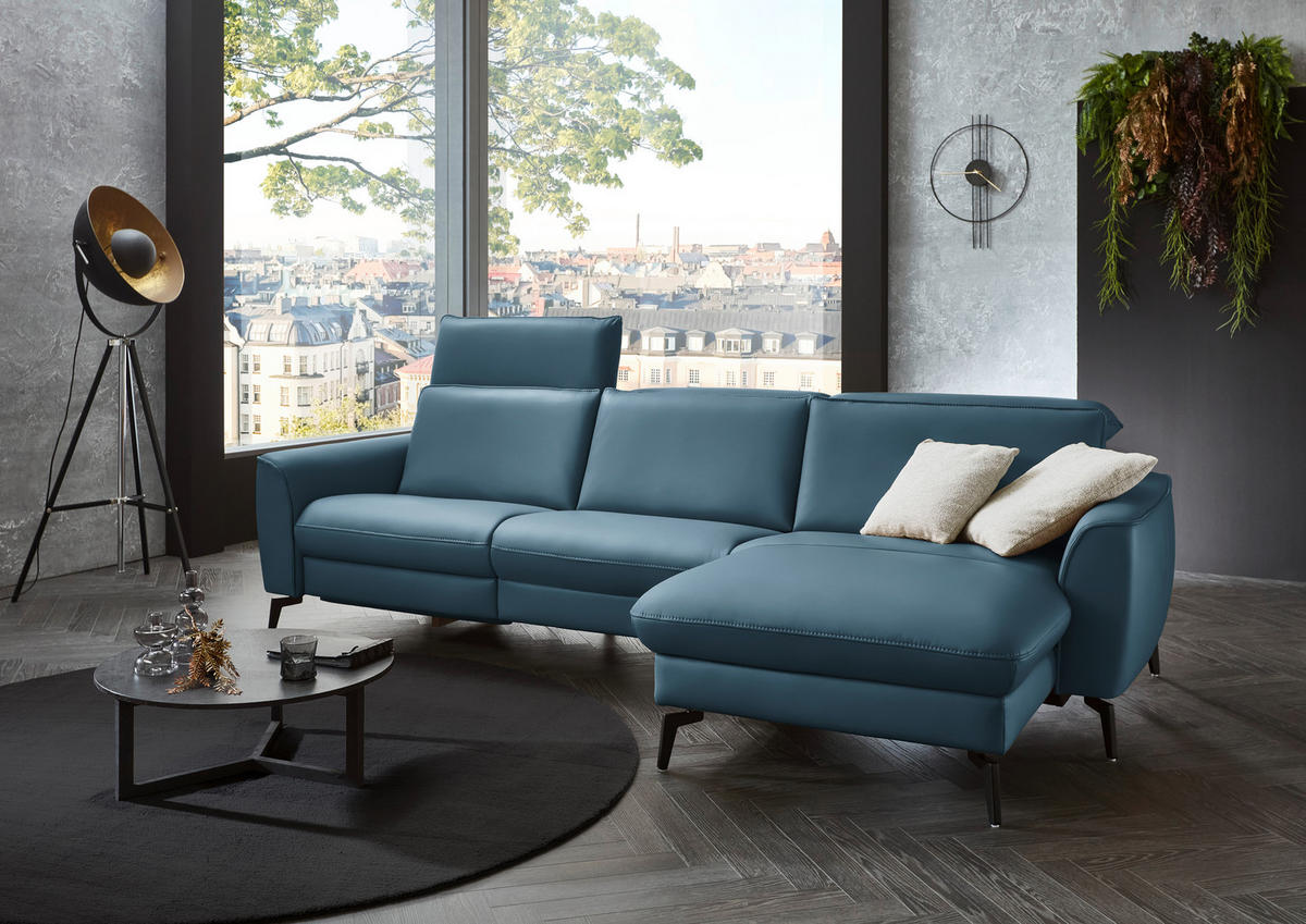 ECKSOFA in Echtleder Blau  - Blau/Schwarz, Natur, Leder/Metall (281/168cm) - Valdera
