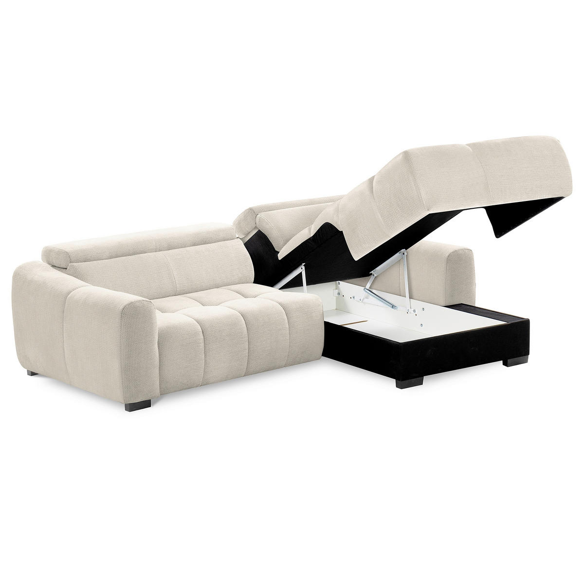 ECKSOFA AVEIRO Weiß Webstoff Bettkasten, Kopfteilverstellung, Sitzvorzug  - Schwarz/Weiß, Design, Kunststoff/Textil (274/177cm) - Livetastic