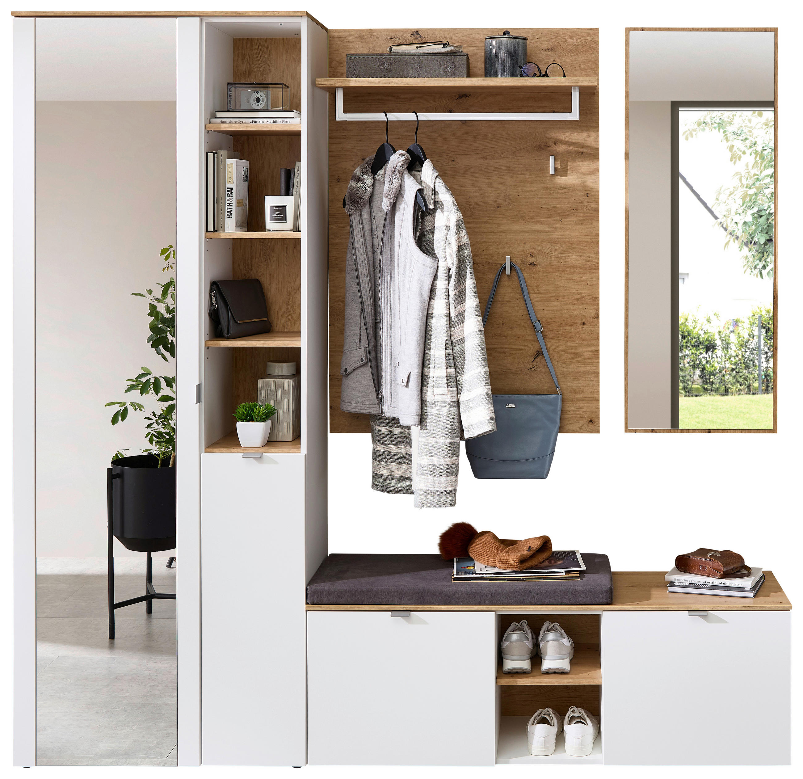 GARDEROBE 4-teilig  in 206/202/38 cm  - Weiß/Eiche Artisan, Design, Glas/Holzwerkstoff (206/202/38cm)