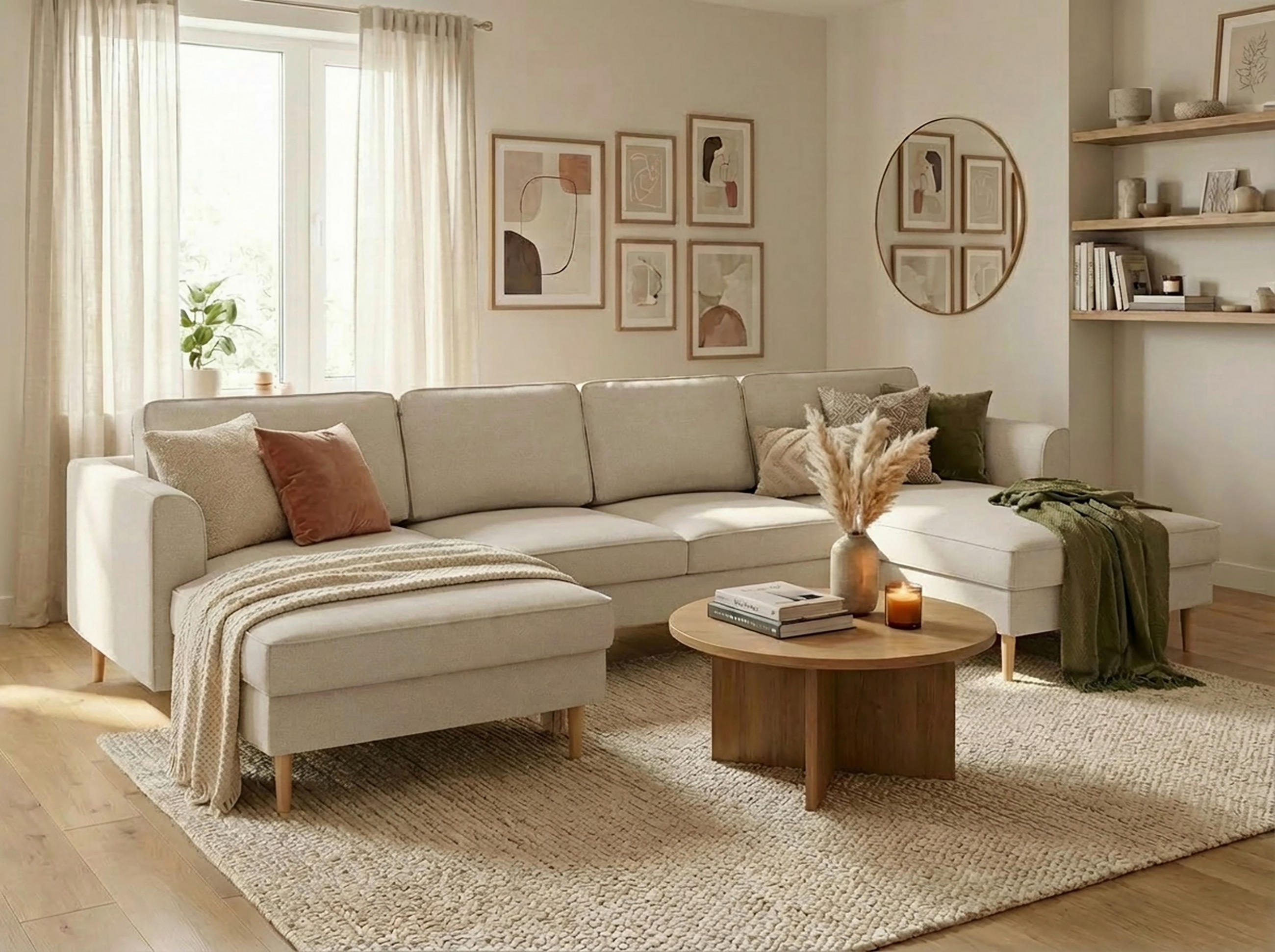 WOHNLANDSCHAFT Struktur Sandfarben  - Sandfarben/Buchefarben, Modern, Holz/Textil (161/306/161cm) - Trendmanufaktur