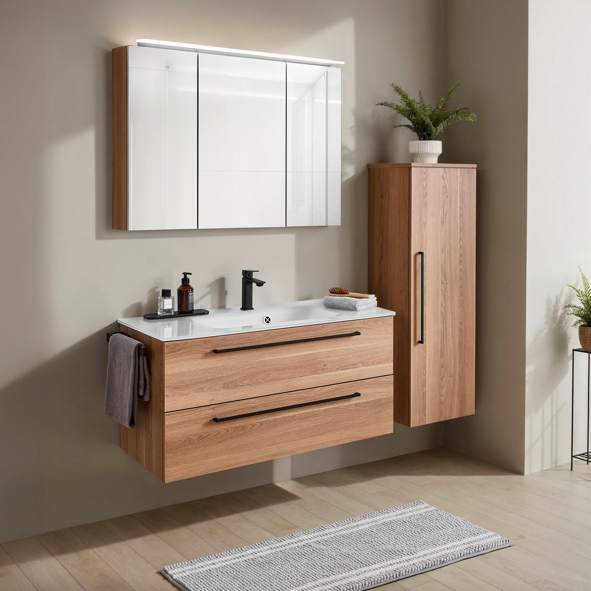 BADEZIMMER 3-teilig  in 101,2 cm  - Eichefarben/Schwarz, KONVENTIONELL, Glas/Holzwerkstoff (101,2cm) - Novel