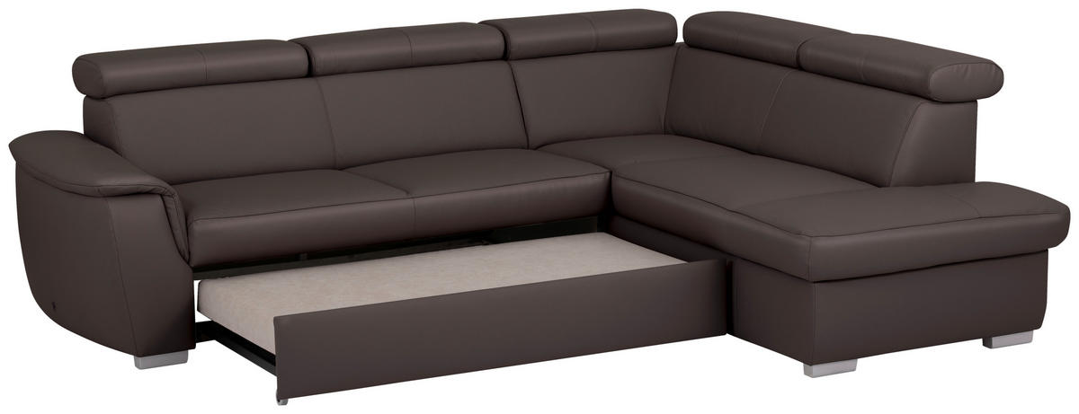 ECKSOFA  in Lederlook Echtleder Dunkelbraun  - Dunkelbraun/Silberfarben, Leder/Holz (262/211cm) - Celina Home