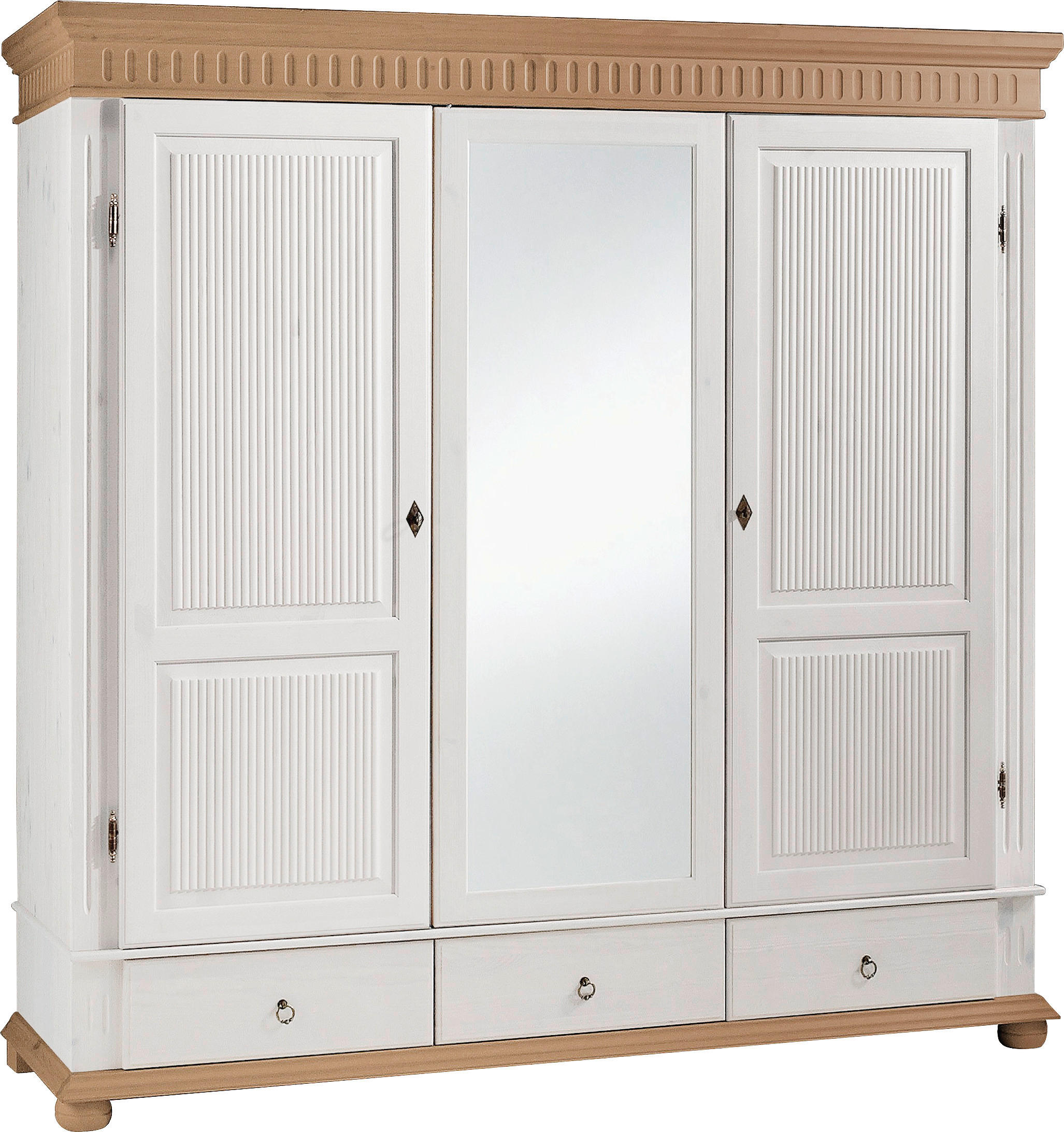 KLEIDERSCHRANK 3-türig Kiefer massiv Weiß, Kieferfarben - Weiß/Kieferfarben, Design, Holz/Metall (195/199/62cm) - Carryhome