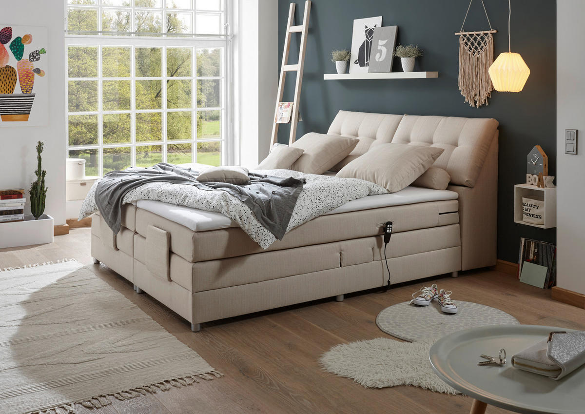 BOXSPRINGBETT 180/200 cm,  in Creme, Matratze, Bettkasten, Topper, motorische Verstellbarkeit, H2 = mittel  - Silberfarben/Creme, Design, Kunststoff/Textil (180/200cm) - Esposa