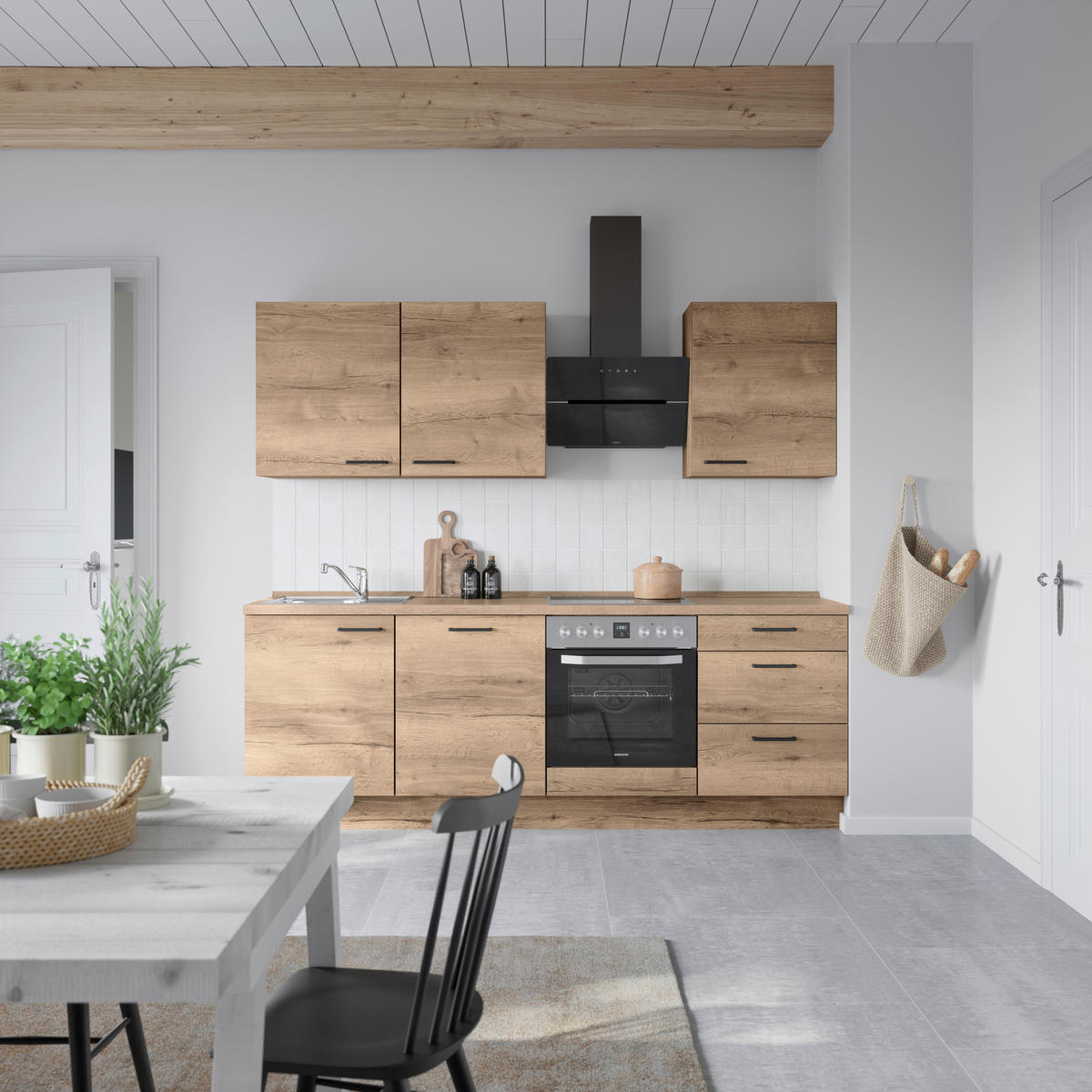 Bucătărie Fără Electrocasnice  - stejar închis la culoare/negru, Modern, metal/material pe bază de lemn (240cm) - Nobilia