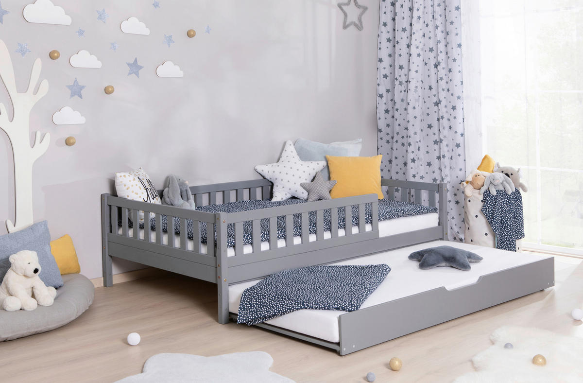 HAUSBETT Absturzsicherung, Matratze, Rollrost, Bettkasten 140/200 cm  - Hellgrau/Weiß, MODERN, Holz/Textil (140/200cm) - MID.YOU