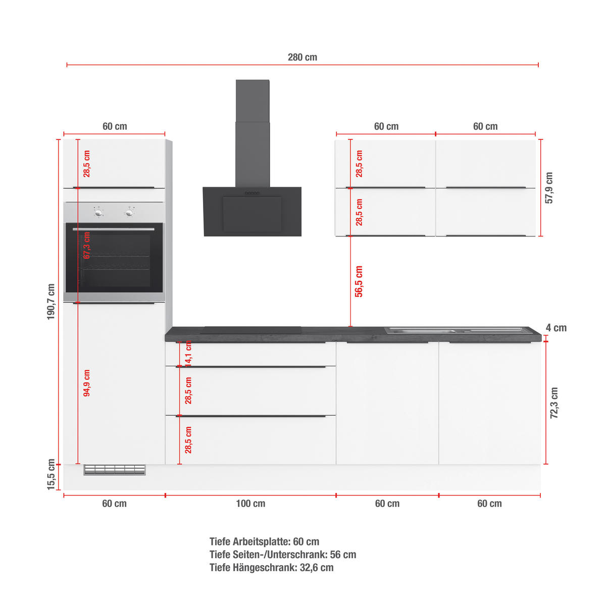 KÜCHENBLOCK 280 cm   in Weiß  - Eichefarben/Schwarz, Trend, Holzwerkstoff/Metall (280cm) - Impuls