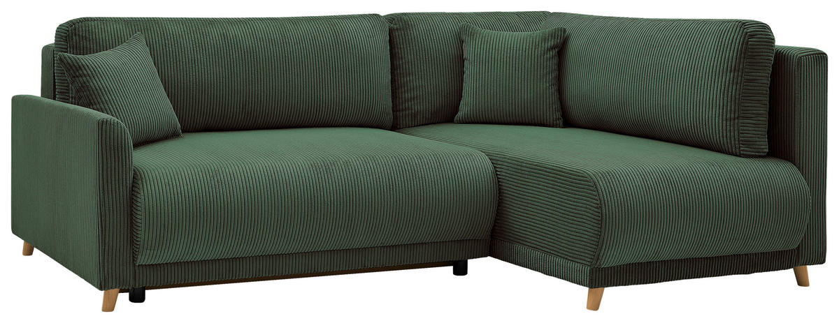 ECKSOFA MILOS Grün Cord Rückenkissen, Bettkasten, Schlaffunktion, Rücken echt  - Naturfarben/Grün, Design, Textil (224/148cm) - P & B