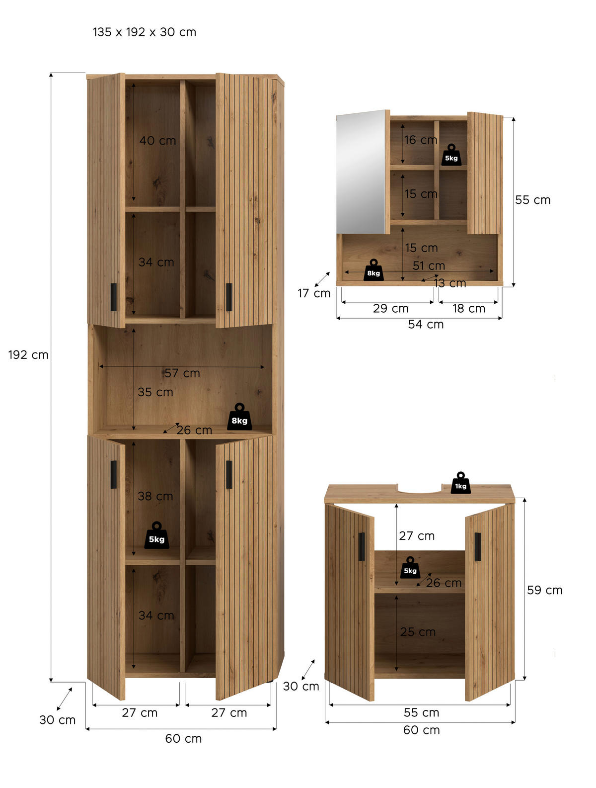 BADEZIMMER 3-teilig  in 120 cm  - Schwarz/Eiche Artisan, Basics, Holzwerkstoff/Kunststoff (120cm) - MID.YOU