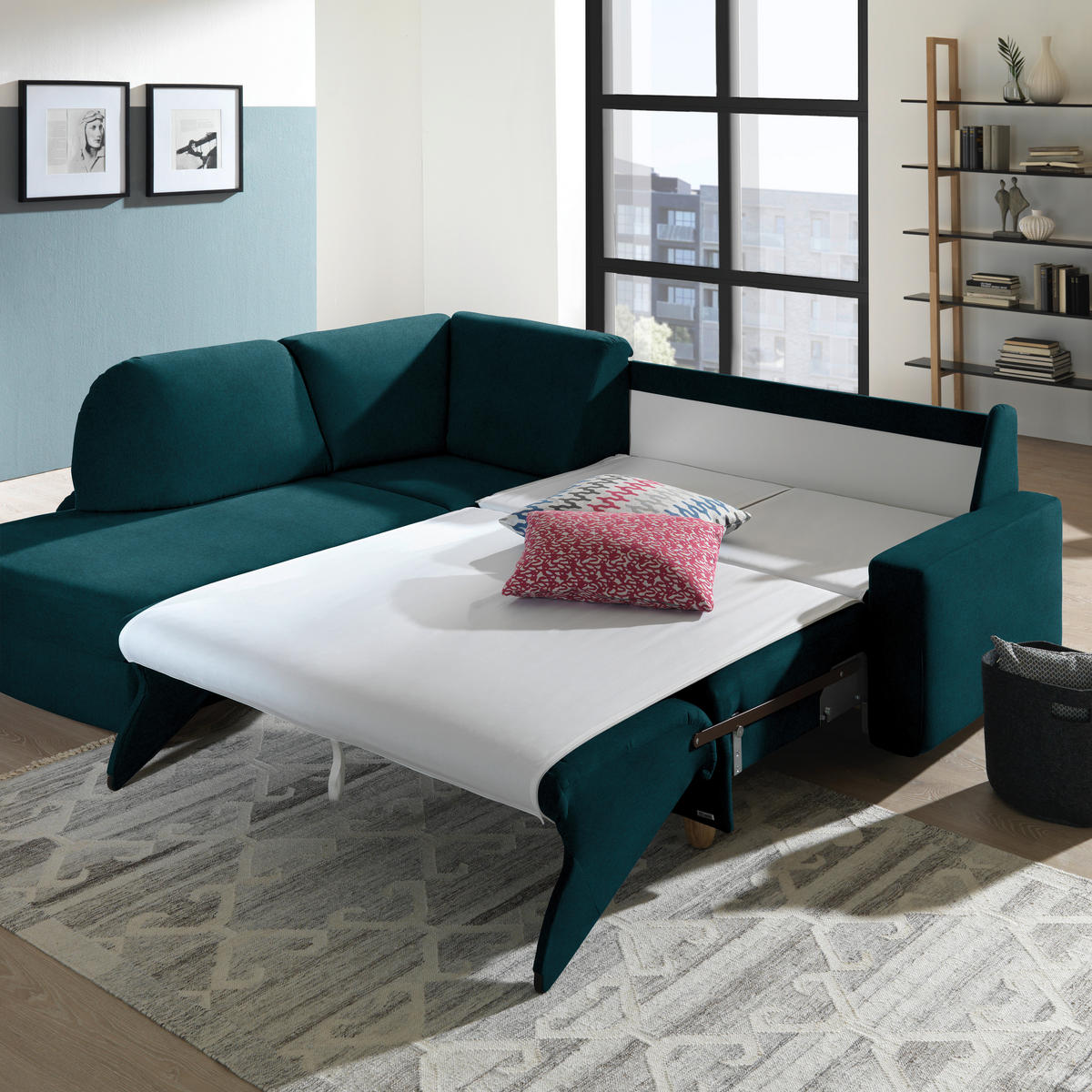 ECKSOFA in Flachgewebe Petrol  208/227 cm  - Eichefarben/Rot, KONVENTIONELL, Holz/Textil (208/227cm) - Sedda