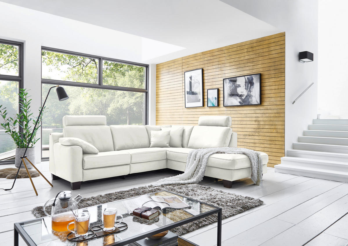 ECKSOFA in Echtleder Ecru  - Ecru/Eichefarben, Design, Leder/Holz (259/235cm) - Valdera