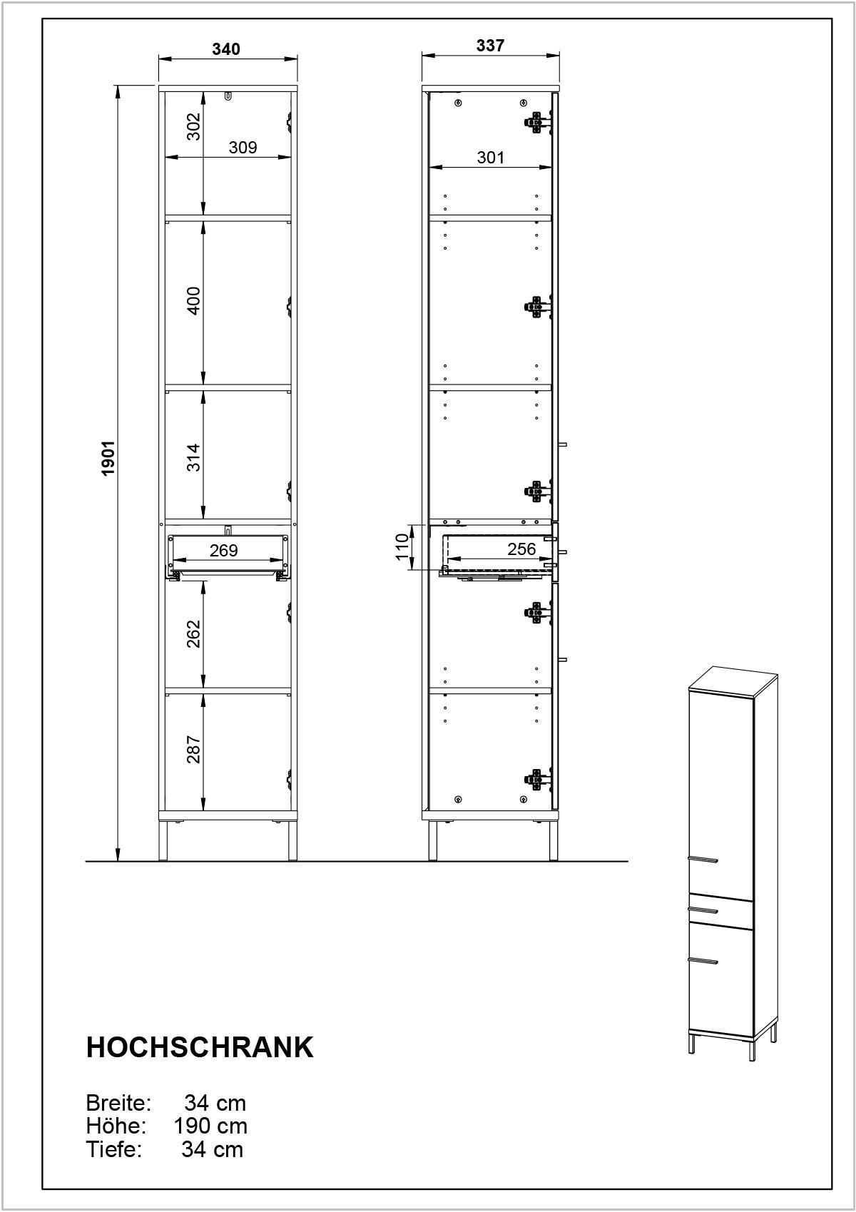 HOCHSCHRANK 34/190/34 cm  - Kaschmir/Nussbaumfarben, MODERN, Holzwerkstoff/Metall (34/190/34cm) - Xora
