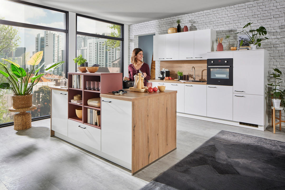 BUCĂTĂRIE FĂRĂ ELECTROCASNICE  - alb/culoare lemn stejar, Konventionell, metal/material pe bază de lemn (300cm) - Welnova